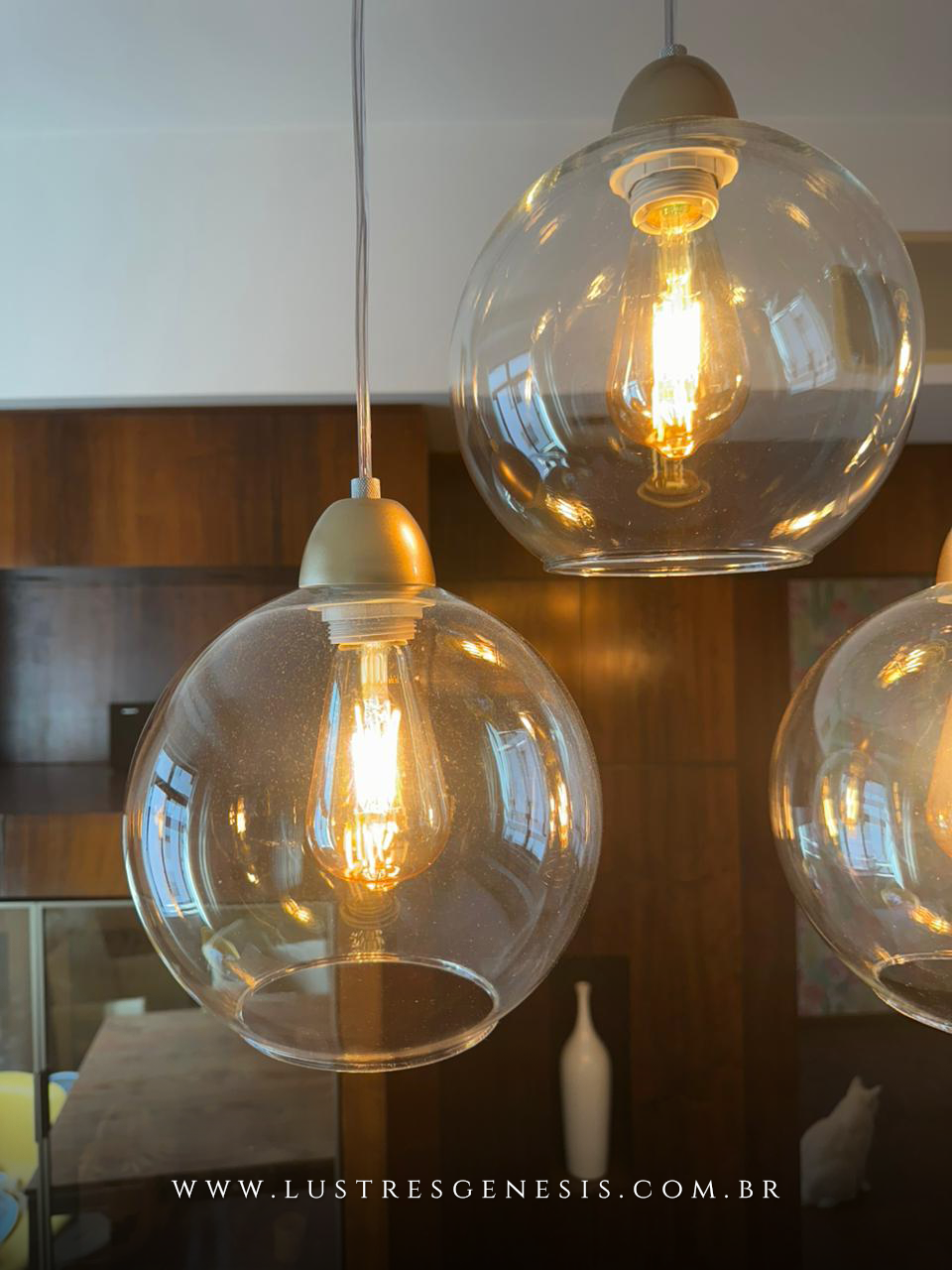 Luminária Pendente Vidro Transparente Dourado Para Sala de Estar e Jantar
